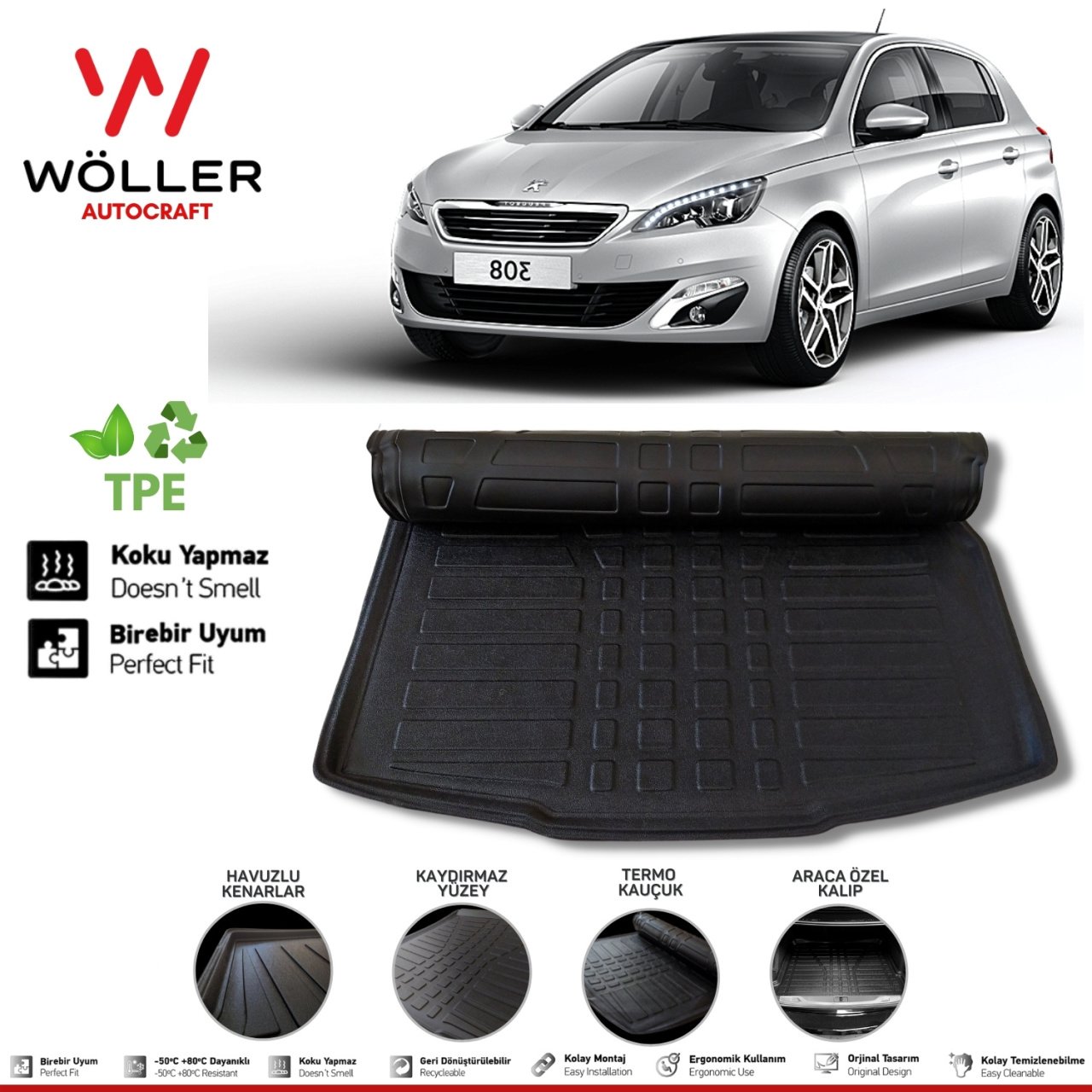 Peugeot 308 Bagaj Havuzu 2014 2021 Arası 3D Wöller Ultraflex Esnek