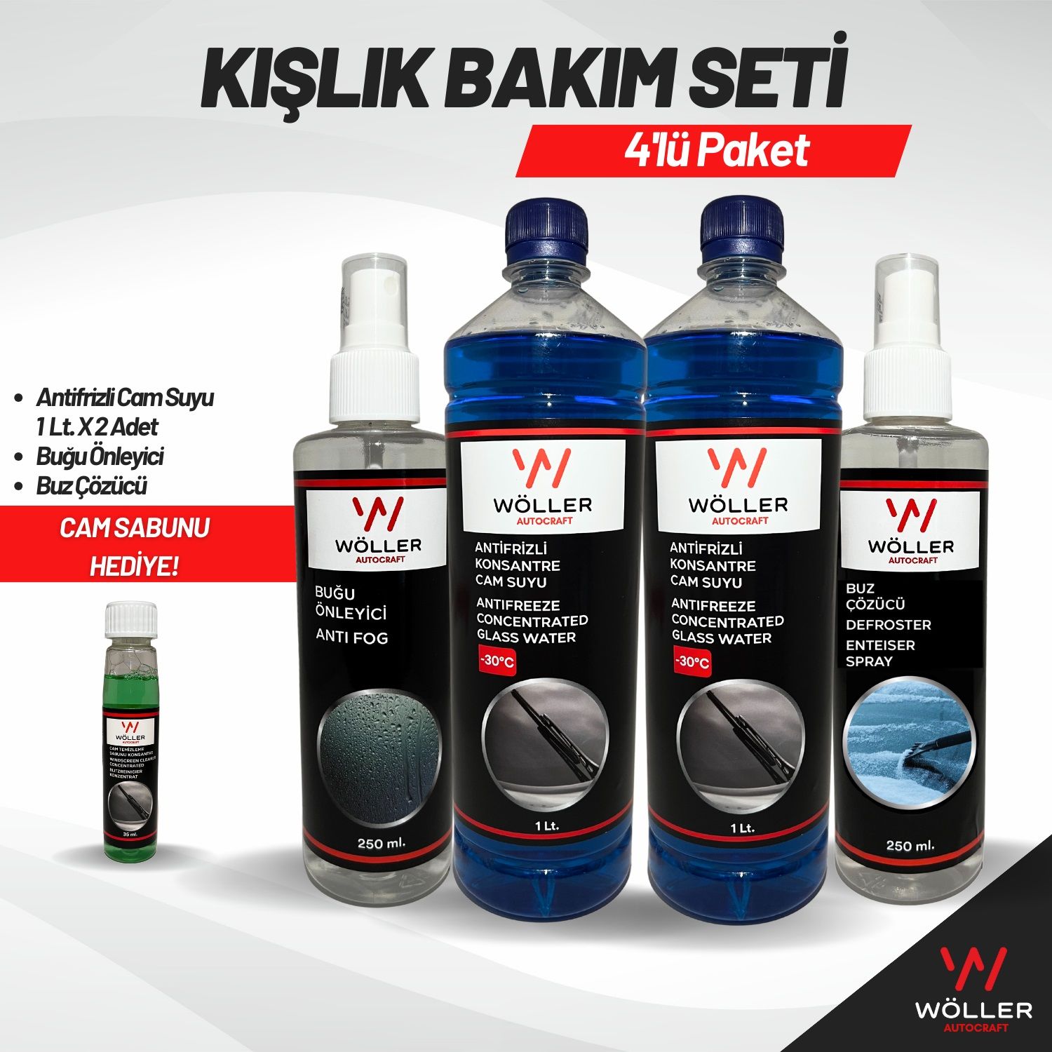 Wöller Kışlık Oto Bakım Seti 4'lü Paket Antifrizli Cam Suyu Buğu Önleyici Buz Çözücü