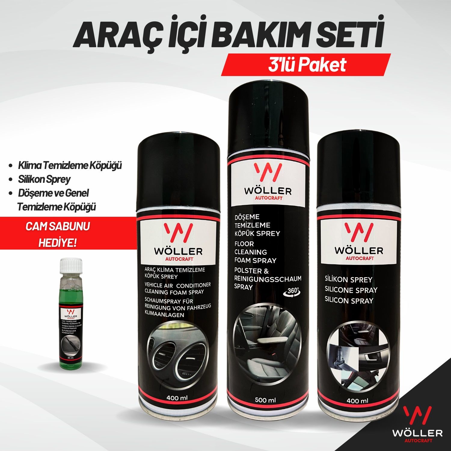 Wöller Araç İçi Bakım Seti 3'lü Paket Klima Temizleyici Silikon Sprey Döşeme ve Genel Temizleme Köpüğü