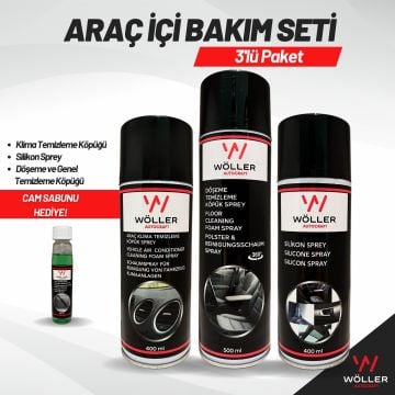 Wöller Araç İçi Bakım Seti 3'lü Paket Klima Temizleyici Silikon Sprey Döşeme ve Genel Temizleme Köpüğü