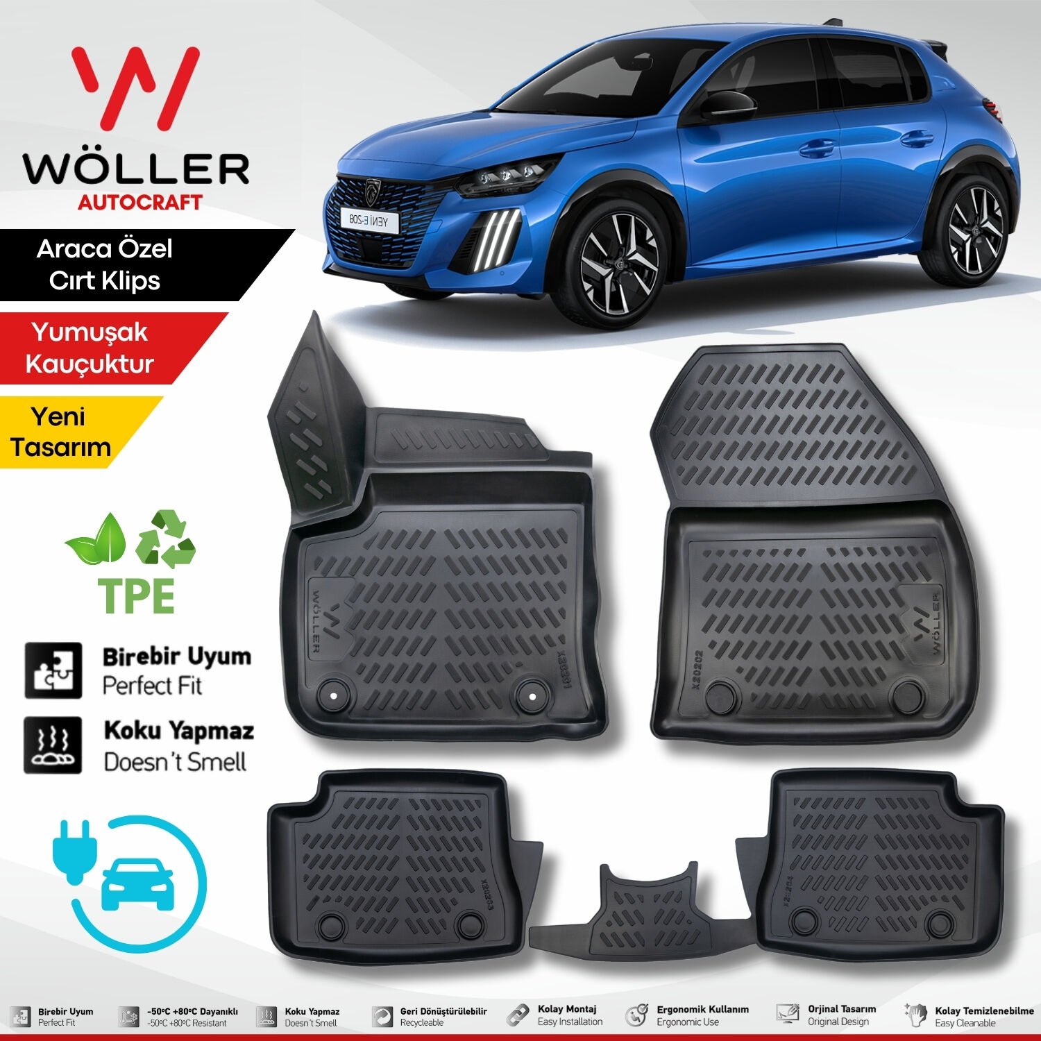 Peugeot E 208 Paspas Elektrikli 2021 Sonrası Uyumlu 3D Havuzlu Wöller Paspas