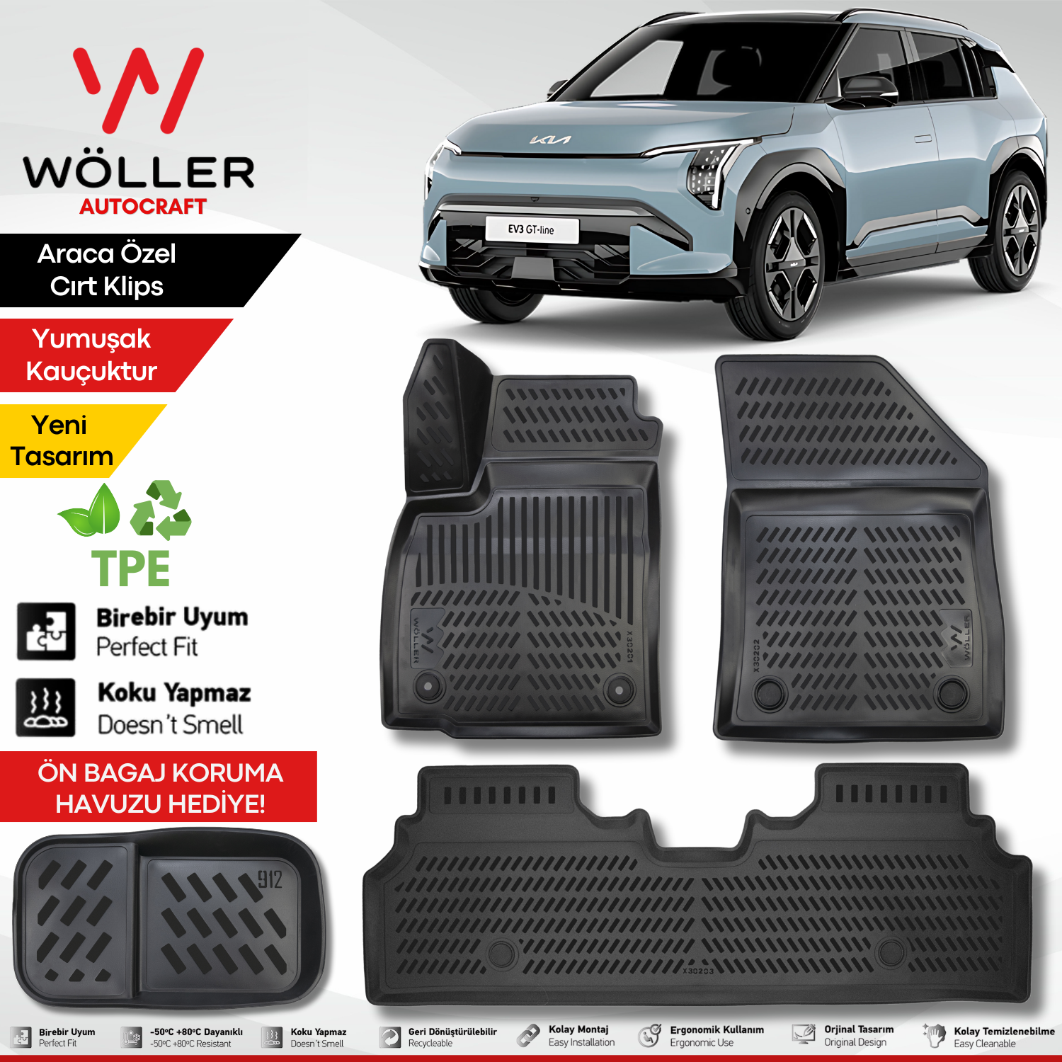 Kia EV3 Paspas 2024 Sonrası Uyumlu 3d Havuzlu Wöller Paspas